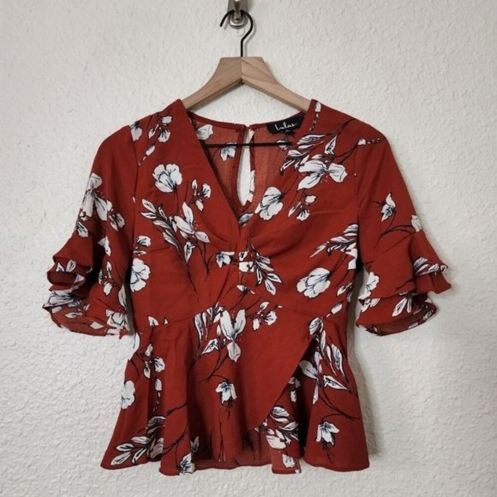 Lulus Dramatic Flair Rust Red & White Floral Peplum Top Size Small